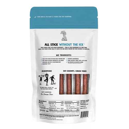 Back of a Chomps beef stick package with blue top and white body on a white background