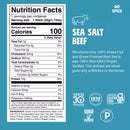 Nutrition facts label for sea salt beef on a blue background with branding and certification logos.