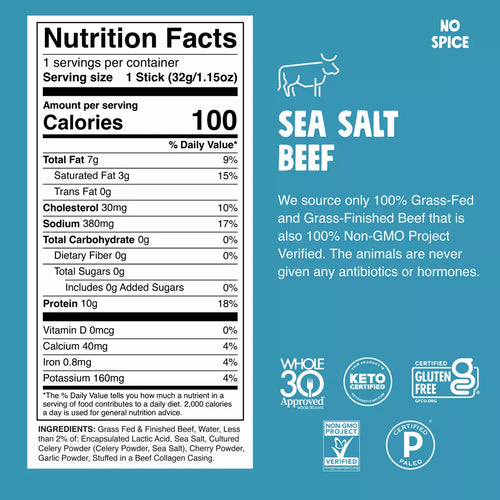 Nutrition facts label for sea salt beef on a blue background with branding and certification logos.