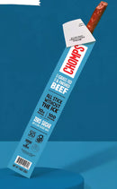 Chomps beef stick packaging on a blue background