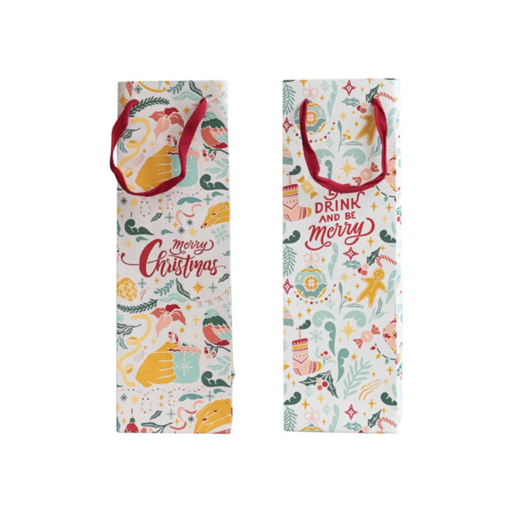 Two Christmas-themed wine bottle bags with festive designs on a white background.