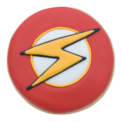 Cookie with a yellow lightning bolt on a red background
