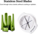Green and white citrus slicer with text about stainless steel blades on a white background