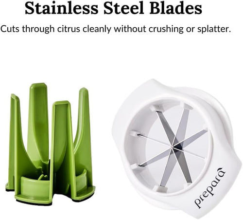 Green and white citrus slicer with text about stainless steel blades on a white background
