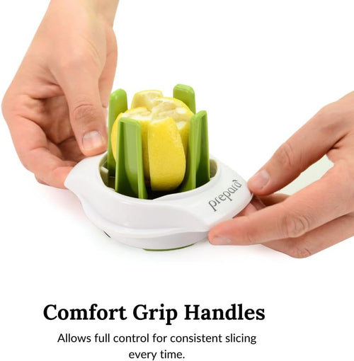 Citrus slicer with comfort grip handles being used to slice a lemon