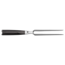 Stainless steel carving fork with black handle on a white background