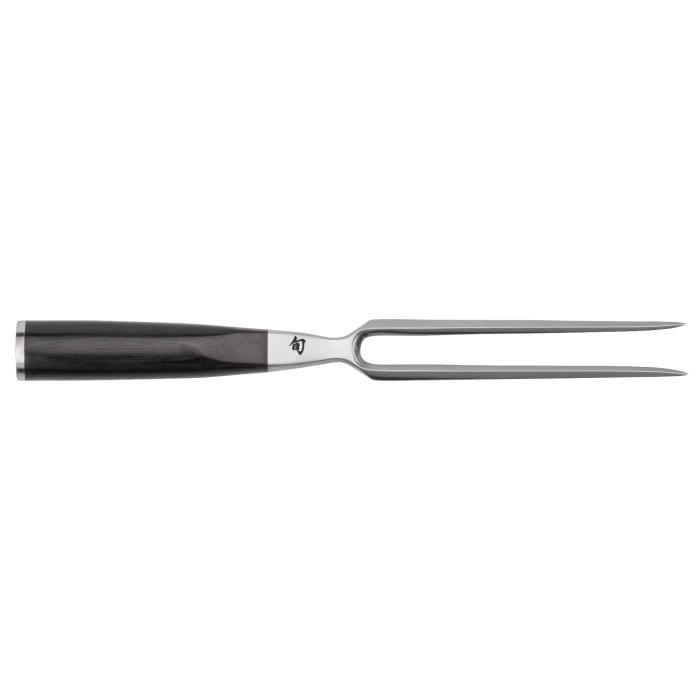 Stainless steel carving fork with black handle on a white background