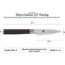 Shun Classic 3.5" Paring knife with dimensions and specifications on a white background