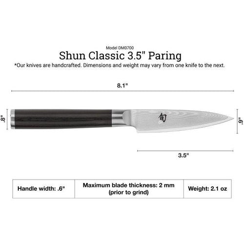 Shun Classic 3.5" Paring knife with dimensions and specifications on a white background