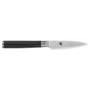 Knife with a black handle and silver blade on a white background