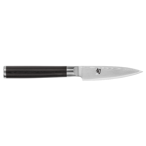Knife with a black handle and silver blade on a white background