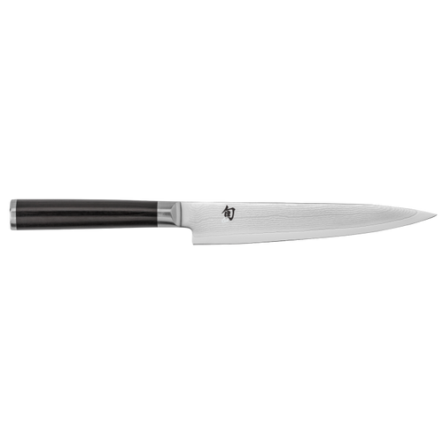 Chef's knife with black handle on a white background