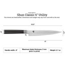 Shun Classic 6" Utility knife with dimensions and specifications on a white background