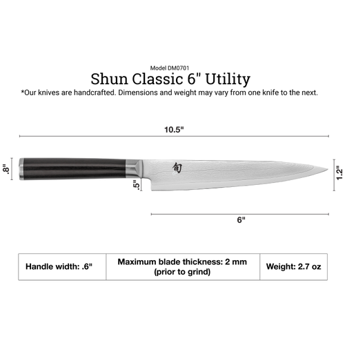 Shun Classic 6" Utility knife with dimensions and specifications on a white background