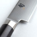 Close-up of a chef's knife with a brand logo on a white background
