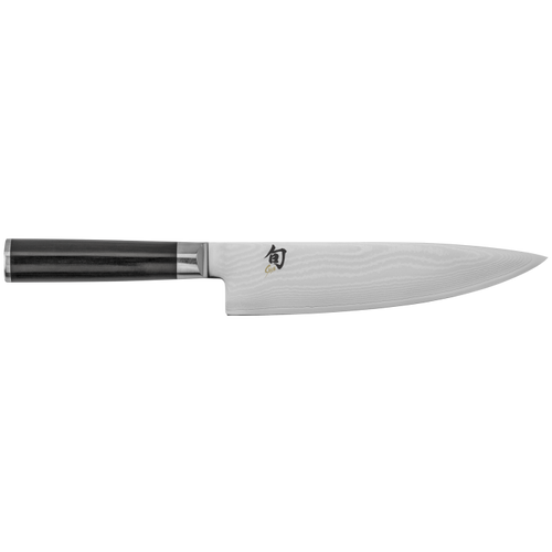 Chef's knife with a black handle on a white background