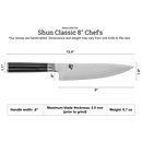 Shun Classic 8-inch chef's knife with dimensions and weight details on a white background