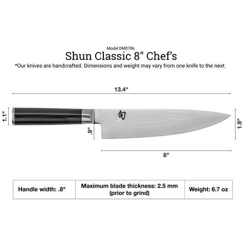 Shun Classic 8-inch chef's knife with dimensions and weight details on a white background