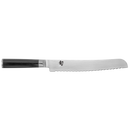 Serrated bread knife with black handle on a white background