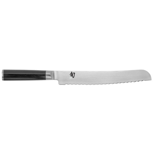 Serrated bread knife with black handle on a white background