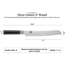 Shun Classic 9" Bread knife with dimensions and specifications on a white background
