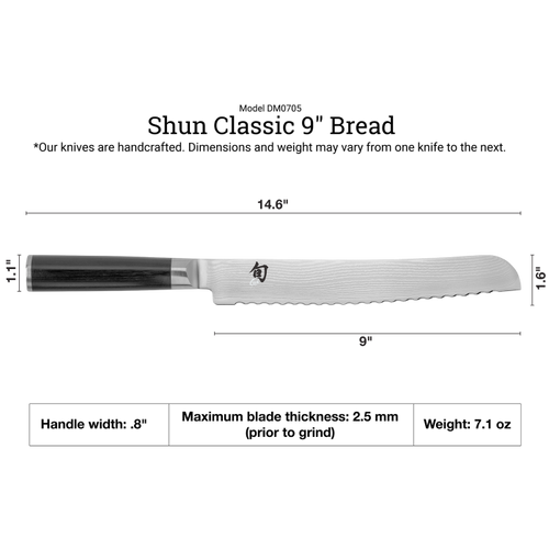 Shun Classic 9" Bread knife with dimensions and specifications on a white background