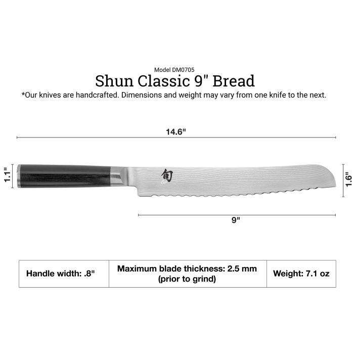Shun Classic 9" Bread knife with dimensions and specifications on a white background