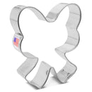 Metallic butterfly-shaped cookie cutter with 'Made in USA' label on a white background
