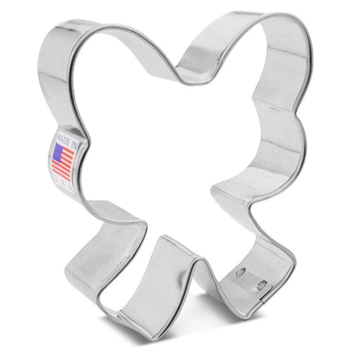 Metallic butterfly-shaped cookie cutter with 'Made in USA' label on a white background