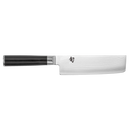 Kitchen knife with black handle and silver blade on a white background
