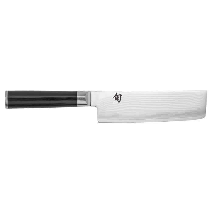 Kitchen knife with black handle and silver blade on a white background