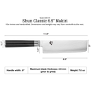 Shun Classic 6.5" Nakiri knife with dimensions and specifications on a white background