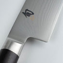 Close-up of a chef's knife with a brand logo on a white background