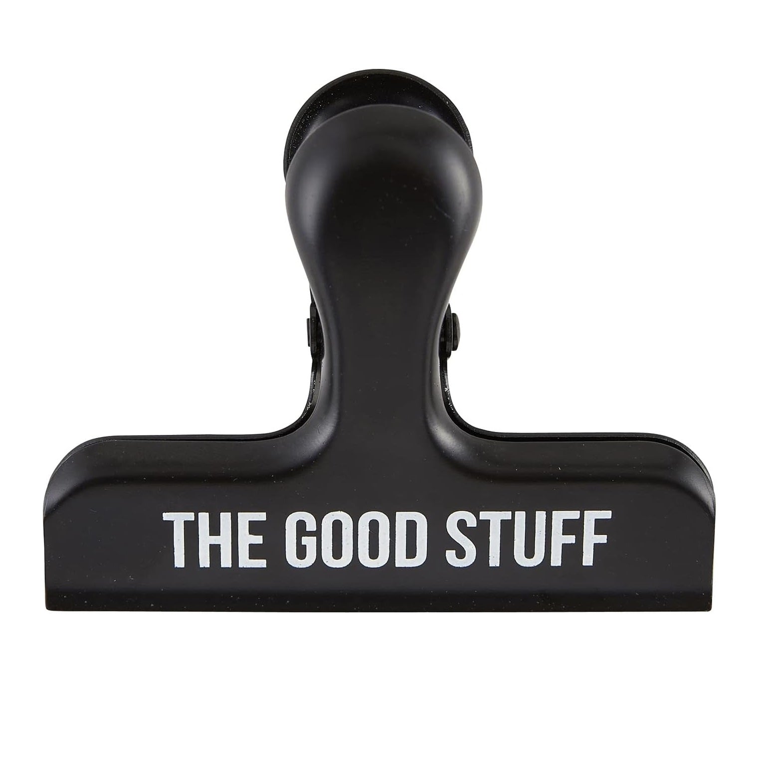 Black stainless steel clip with 'THE GOOD STUFF' text on a white background