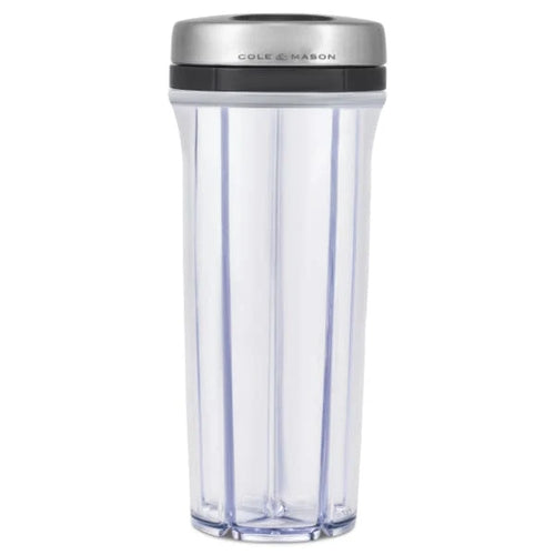 Cole & Mason clear spice shaker with a brushed silver lid and black band, shown on a white background.