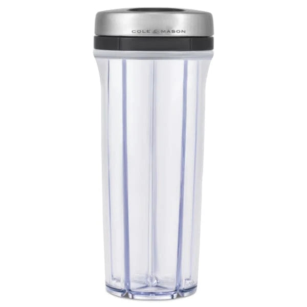 Cole & Mason clear spice shaker with a brushed silver lid and black band, shown on a white background.