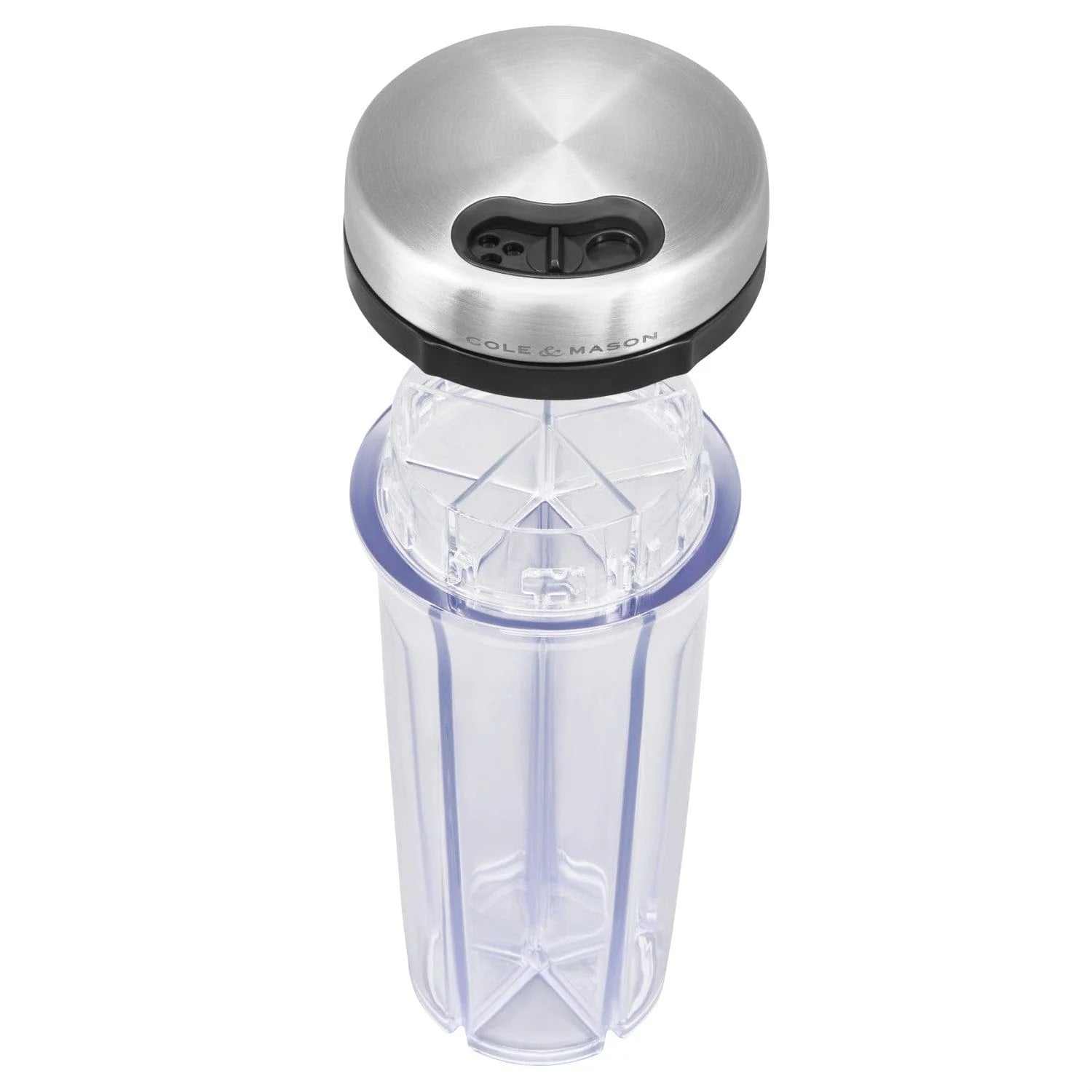 A clear plastic spice shaker with five compartments, a brushed stainless steel lid, and a black collar, shown on a solid white background.