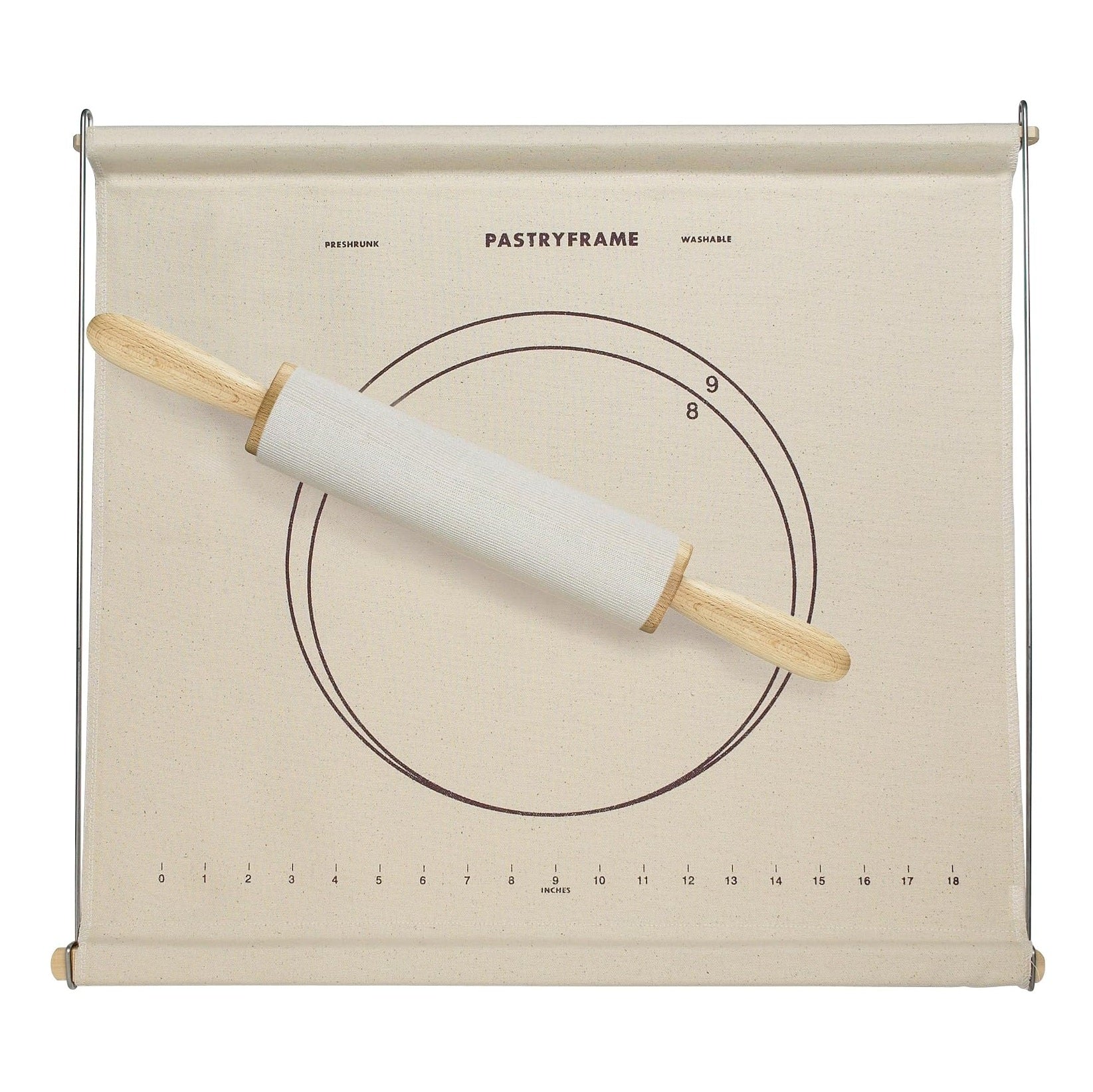 A beige pastry frame with printed circular guides and measurement markings, shown with a white pastry roller on a light gray background.