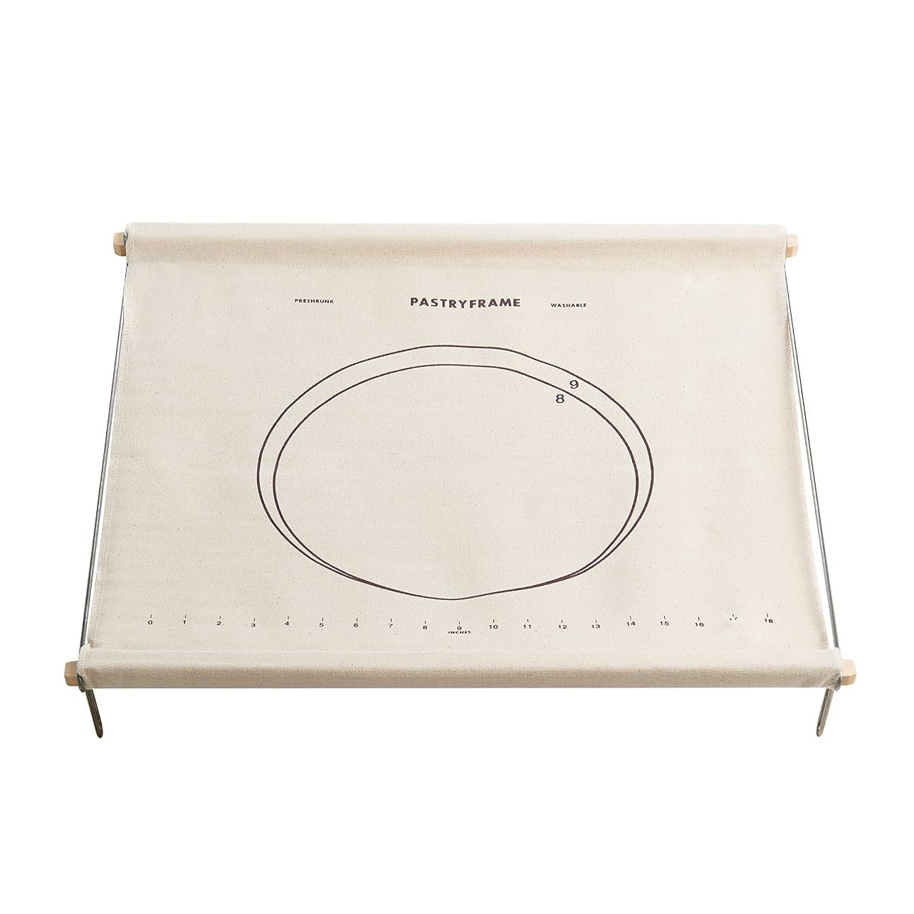 A canvas pastry frame with a printed circular template and measurement markings, mounted on a metal stand with wooden rollers at the top, shown against a plain white background.