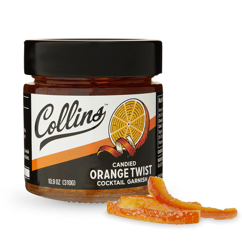 Jar of Collins Candied Orange Twist cocktail garnish on a white background