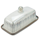 White ceramic butter dish with a lid on a white background