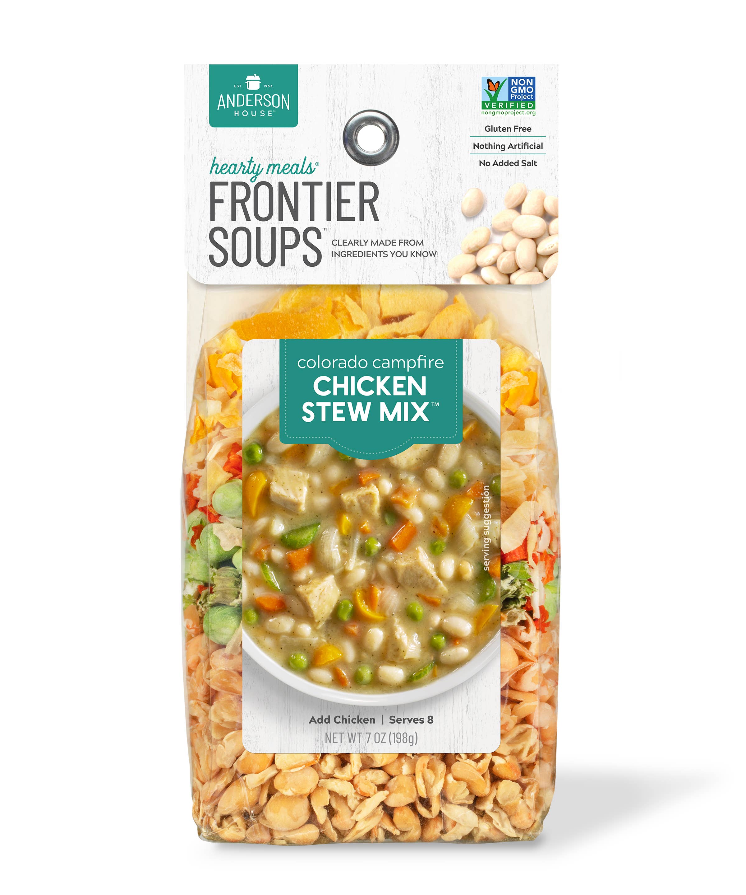 Package of Frontier Soups Colorado Campfire Chicken Stew Mix on a white background
