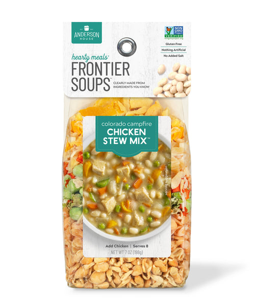 Package of Frontier Soups Colorado Campfire Chicken Stew Mix on a white background