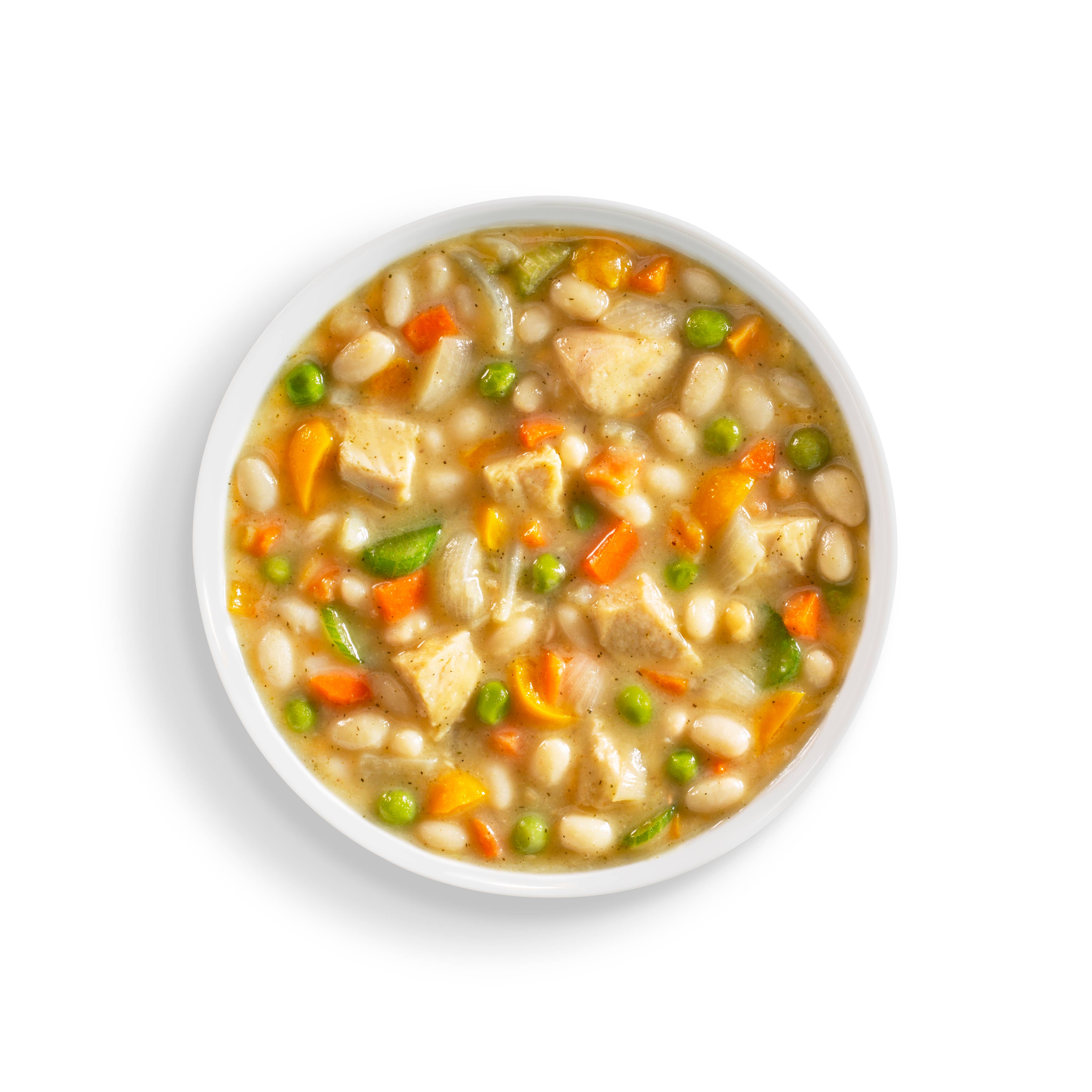 White bowl of chicken stew on a white background