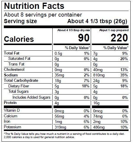 Nutrition facts label for a food product with serving size and calorie information.