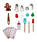 Different parts for a Christmas baking set, such as cookie cutters, spatulas, cookie stamps, and recipe cards.