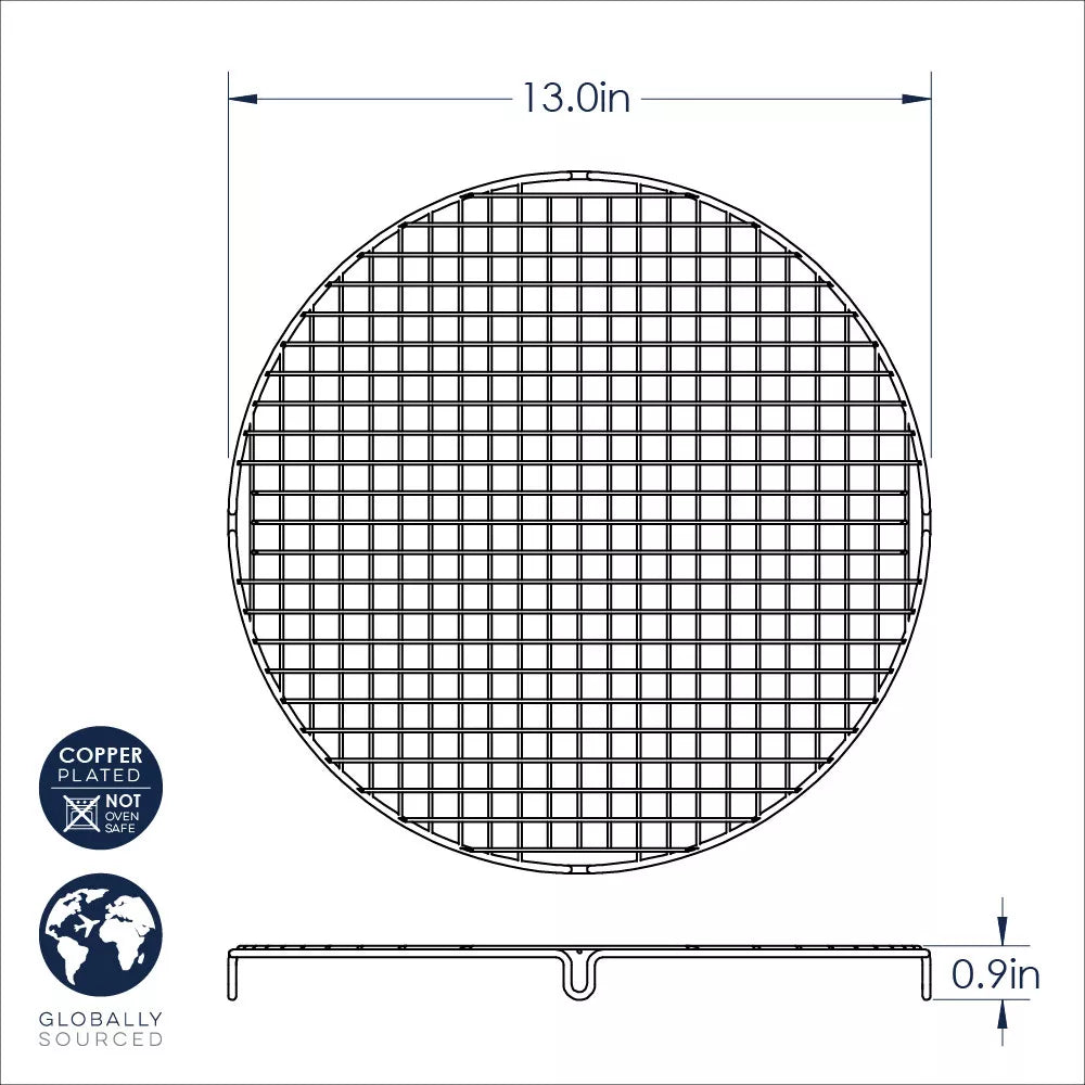 Round wire mesh grid with dimensions and certification logos on a white background