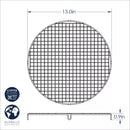 Round wire mesh grid with dimensions and certification logos on a white background