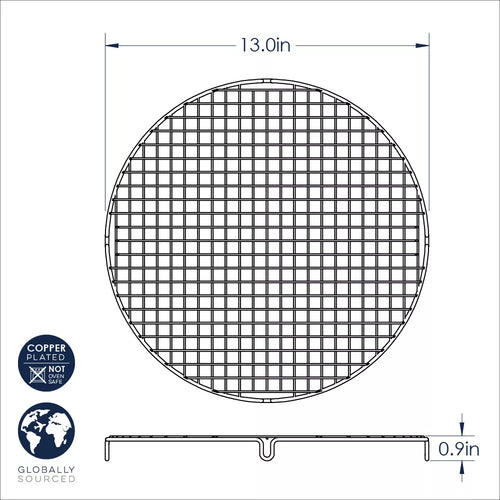 Round wire mesh grid with dimensions and certification logos on a white background