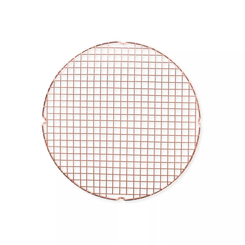 Round copper wire cooling rack on a white background